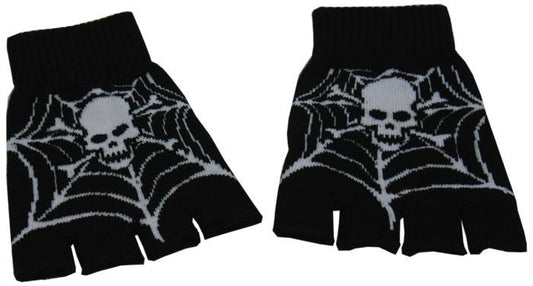 Black Fingerless Gloves with Skull and Cobweb Pattern - yellowjadda8