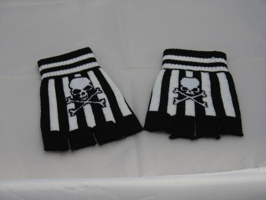 Black and White Striped Skull Fingerless Gloves - yellowjadda8